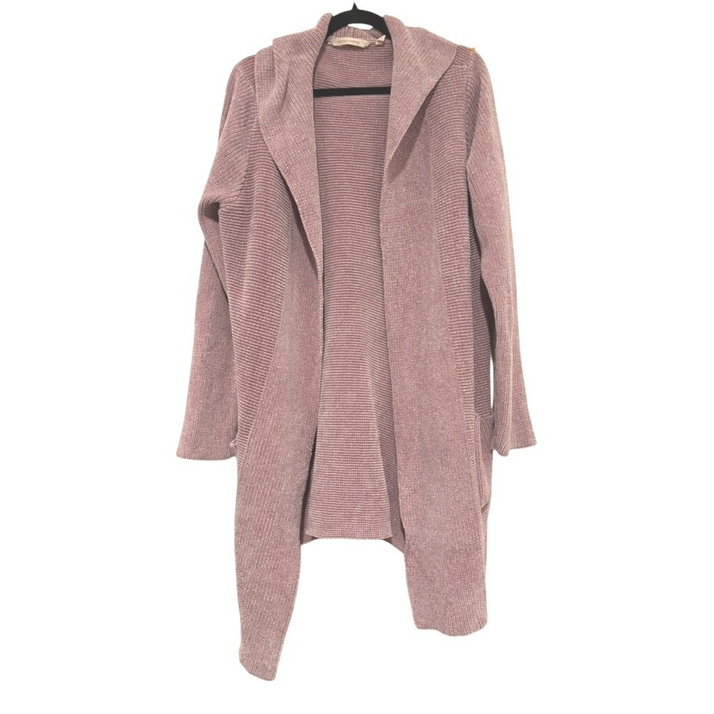 Soft Surroundings sz M pink chenille hooded slouchy.cozy cardigan sweater OO